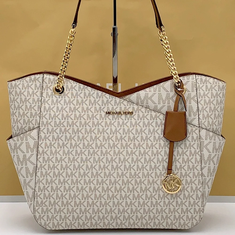 MICHAEL KORS LARGE X CHAIN SHOULDER TOTE BAG VANILLA SIGNATURE - Picture 2 of 16
